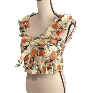 Peach Print Ruffle Strap Corset Style Crop Top Smocked Farm Girl Milkmaid Small